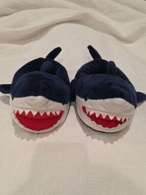 The Children's Place Navy and White Shark Plush Slippers with Red Mouth